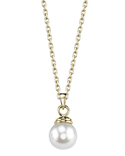 The Pearl Source 14K Gold Round White Akoya Cultured Pearl Hope Pendant Necklace for Women