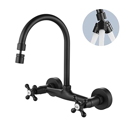 Airuida Wall Mount Kitchen Faucet Matte Black 8 Inch Center Wall Mount Faucet Kitchen with Sprayer Double Cross Handles 360 Degree Swivel Spout Kitchen Mixer Tap Commercial Airuida Wall Mount Kitchen Faucet Matte Black 8 Inch Center Wall Mount Faucet Kitchen with Sprayer Double Cross Handles 360 Degree Swivel Spout Kitchen Mixer Tap Commercial