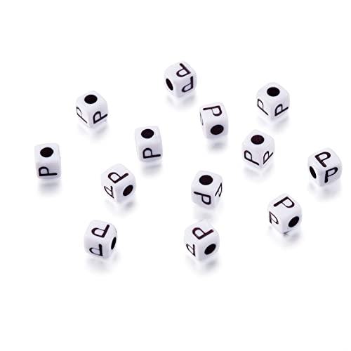 240pcs Opaque Acrylic Letter P Cube Beads White Plastic Alphabet Loose Spacer Square Beads 4-5mm for DIY Name Bracelet Necklace Jewelry Crafts Making Hole: 1.8mm