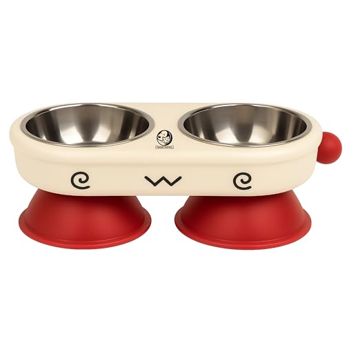 Image of Foodie Puppies Pet Elevated Cat Bowl - (Fun Face Double Bowl) | Detachable Stainless Steel Raised Feeder for Food & Water Feeding | Durable, Anti-Vomiting, Mess-Free Feeder for Cats, Kittens & Puppies