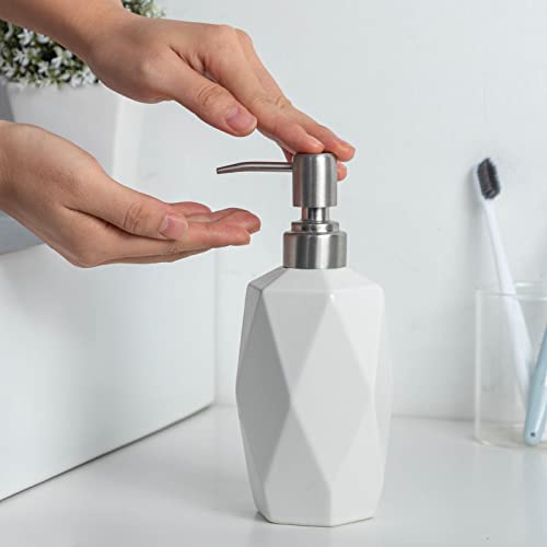 Fe Soap Dispenser, 13.5Oz Ceramic Soap Dispenser Bathroom With 304 Rust Proof Stainless Steel Pump, Decorative Rhombus Design Liquid Hand Soap Dispenser For Kitchen & Bathroom (White) #TOP5