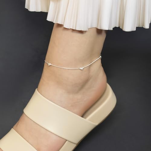Image of Amberta Italian Sterling Silver Anklet for Women 925 | Adjustable Ankle Bracelets for Women Beaded Heart Summer Jewellery