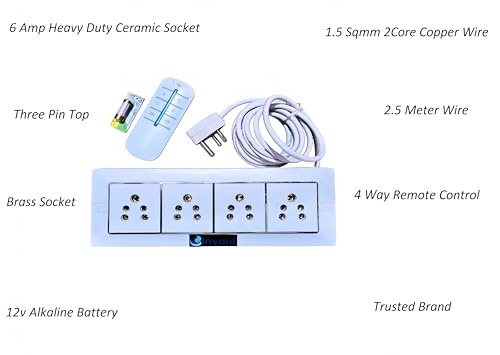 Image of Wireless Remote Control Modular Switch Board | 4 Socket 6 Amp with 2.5 Meter 1.5 Sqmm Cable | Smart Gang Box for Light & Fan Control | Remote Control White Extension Board