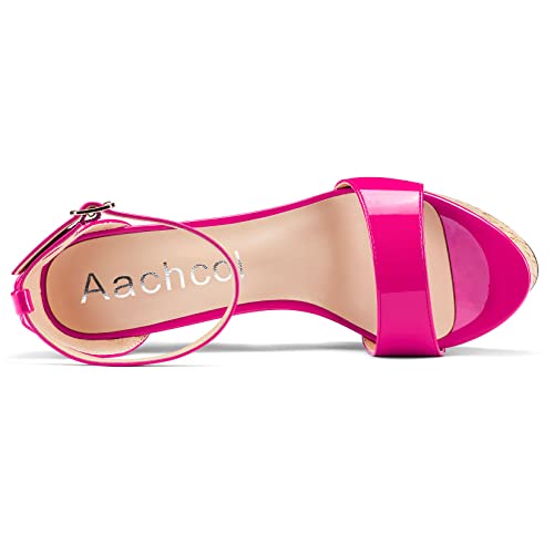 Aachcol Women Platform Wedge Sandals Round Peep Open Toe Ankle Strap Slingback Two-Piece Chunky Block High Heel Dress Shoes Pumps Party Patent 6 Inch4