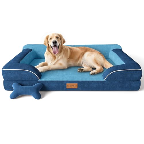 Image of CWAWZ Extra Large Dog Bed, Orthopedic Dog Bed with Cooling Gel Memory Foam, Waterproof XL Pet Bed with Removable Washable Cover, 42 inch Pet Sofa Couch Dutch Velvet with Bone Toy, Navy Blue