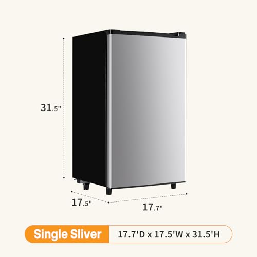 NEWBULIG Mini Fridge with Freezer 3.2 Cu.Ft Small Refrigerator for Office, Dorm, Small Fridge with Adjustable Thermostat, Energy Saving, Singel Door, Sliver