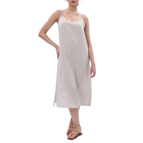 Image of Amazhiyu Women's Pure Linen Summer Midi Split Slip Dress | V Neck, Spaghetti Strap, with Pockets