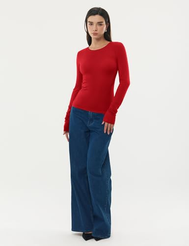 Image of Women's Merino Wool Blend Shirts Long Sleeve Tops Crew Neck Fitted Basic Tee Cozy Embrace Collection
