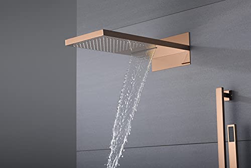 Rose Gold 22 Inch Rainfall Waterfall Shower Head 4 Way Thermostatic Shower Faucet With Sliding Bar And Body Jets Each Function Work All Together And Separately #TOP2