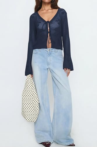 Image of Balimtoy Women Tie Front Cardigan Crochet Sweater Crop Tops Cute Bell Long Sleeve Knit Shrug Beach Vacation Cover Up