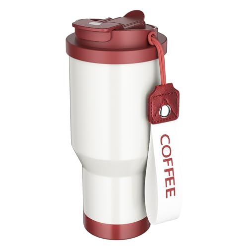 Vaso Termo Cafe para Llevar - Taza Termo para Café - Coffee Mug 530ml de Acero Inoxidable 304, Doble Pared Aislante, 360° Antigoteo, con Tapón de Pajita y Boquilla para Bebida Caliente y Fría (Roja)