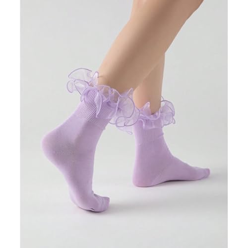 Image of Women Big Ruffle Ankle Socks Adult Double Lace Frilly Turn Cuff Dress Socks Cotton Cute Fancy Bobby Crew Socks