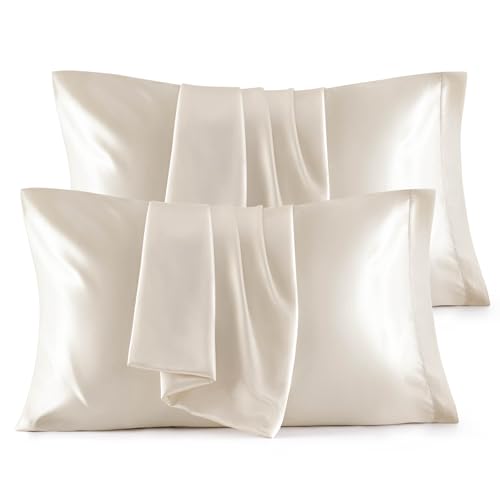 Image of Bedsure Satin Pillowcases Standard Set of 4 - Beige Silk Pillow Cases for Hair and Skin 20x26 inches, Satin Pillow Covers 4 Pack with Envelope Closure, Gifts for Women Men
