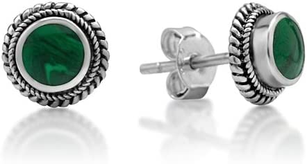 JANVI CREATION Silver Round Braided Gemstone Post Stud Earrings, 9mm, Green Gemstone, Metal, green gemstone