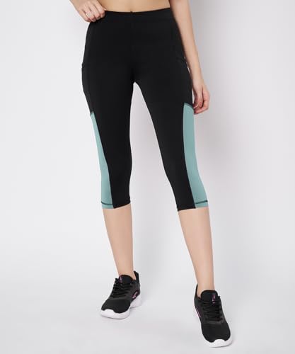 Image of Mehrang High-Waisted Capri Leggings with Side Pocket - Black & Contrast Color Block Activewear for Gym, Yoga, and Everyday Comfort for Women