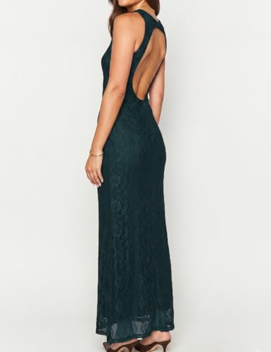 Image of Elegant Lace Floral V Neck Backless Bodycon Dresses for Women Sexy Cut Out Low Back Sleeveless Maxi Dress Wedding Guest