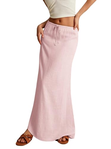 EARKOHA 2025 Women's Summer Maxi Skirt Drawstring Low Waist A Line Linen Long Flowy Skirts Dark Pink XS