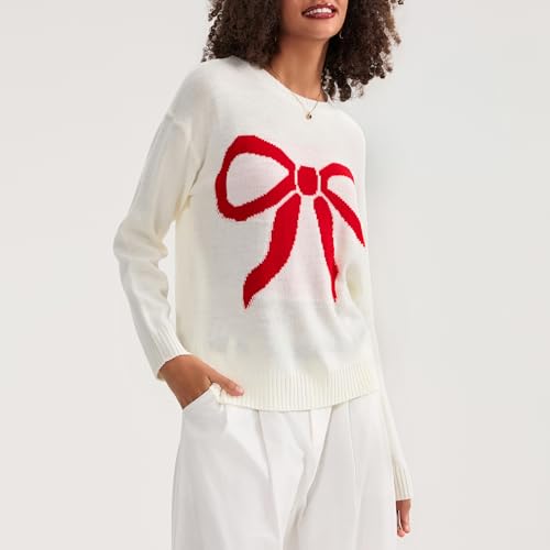Image of Women Cute Bow Knit Sweater Y2k Long Sleeve Crew Neck Knitted Pullover Top Oversized Going Out Fall Winter Knitwear