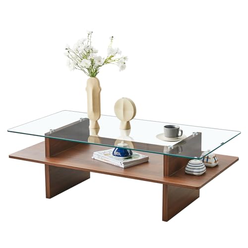 LKTART 2-Tier Glass Coffee Table, 47" Rectangle Coffee Tables with Tempered Glass Top and Wood Base Modern Accent Center Table for Living Room, Apartment, Study (Walnut)