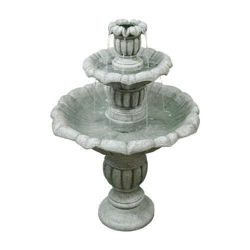 Bodenbrunnen aus Beton Outdoor, Ø67 cm Kaskadenbrunnen mit Pumpe, Wetterfester Gartenbrunnen für Terrasse