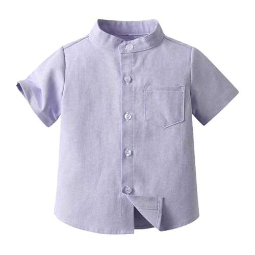 Mjjsk Camisa con botones para niños, para la escuela, casual, suave, de manga corta, sólida, ligera, transpirable, para playa, vacaciones, A33, Morado (, 8 años