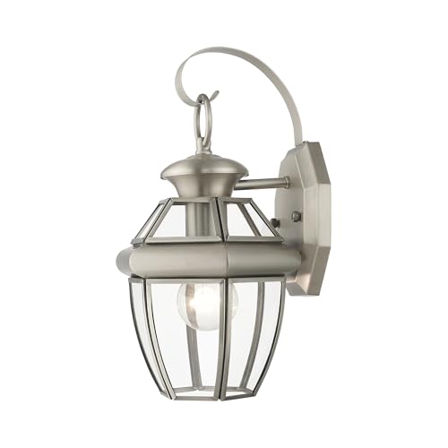 Image of Livex Lighting 2051-91 Monterey 1 Light Outdoor Brushed Nickel Finish Solid Brass Wall Lantern with Clear Beveled Glass | Clear Beveled Glass; Solid brass construction