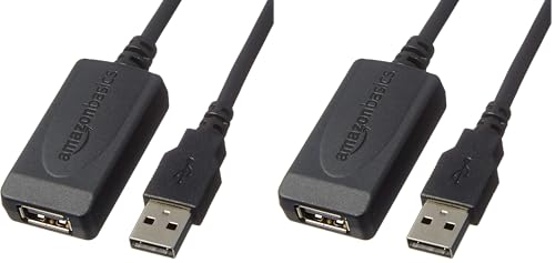Amazon Basics USB 2.0 Extension Cable, USB-A Male to Female Active Repeater Cable for Printer, Mouse, Keyboard or Scanners, 480Mbps High-Speed Data Transfer, 32 Feet, Black (Pack of 2)