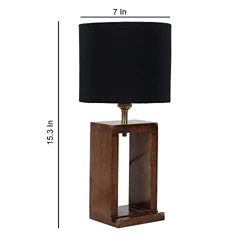 Image of tu casa Handcrafted Mango Wood Table Lamp with Pleated Black Cotton Fabric Shade | Elegant Bedside Night Lamp for Bedroom & Living Room