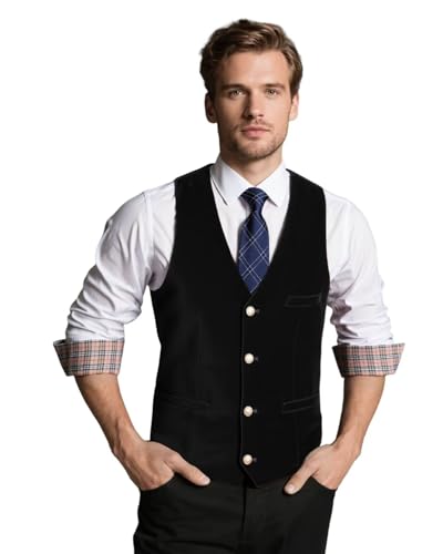 Wehilion Men Suit Vest Slim Fit Dress Suit Vest Velvet Waistcoat Full Back V-Neck-bk xs