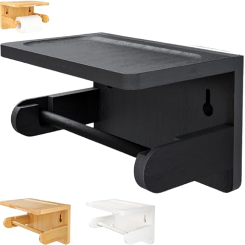 Portarrollos Papel Higiénico de Bambú con Estante para Móvil, Soporte Baño Pared sin Taladro o con Tornillos, Portarrollos Natural Resistente a la Humedad con Repisa Almacenaje
