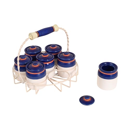 Image of AAKRITI ART CREATIONS Artisan Pickle Jar Set with Stand | Handcrafted Ceramic Kitchen Storage Containers with Tray | Pickle Jar Mukhwas Box & Condiment Serving Set | Decorative Kitchen Jars Set