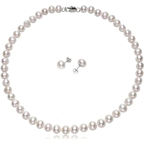 StunningBoutique 8mm Cultured Natural White Freshwater Pearl Necklace and Earrings for Women and Girls #18 inches Cover