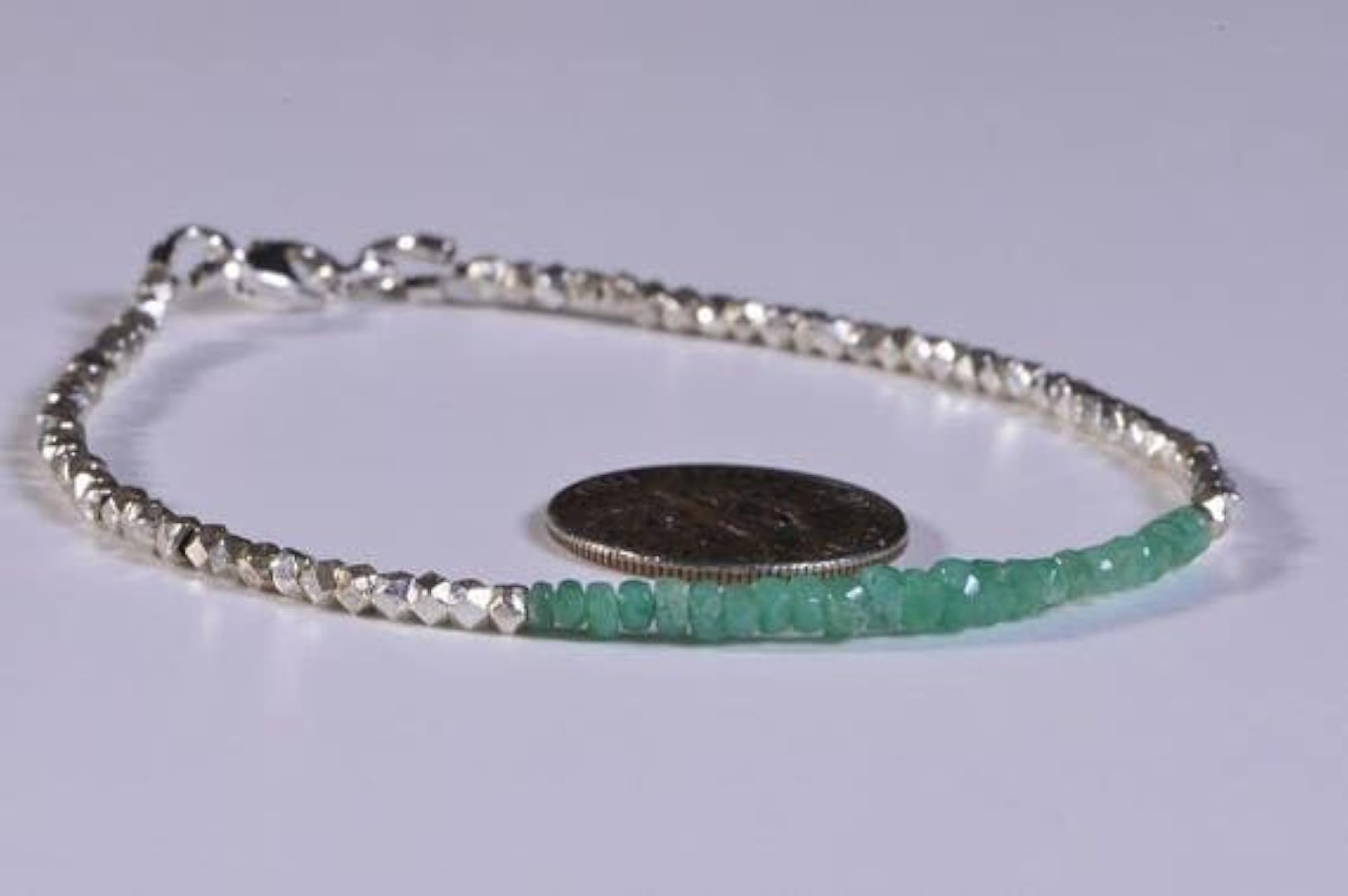 Colombian Emerald Rondelle Beaded Bracelet with Silver Lock, Adjustable 7 Inch