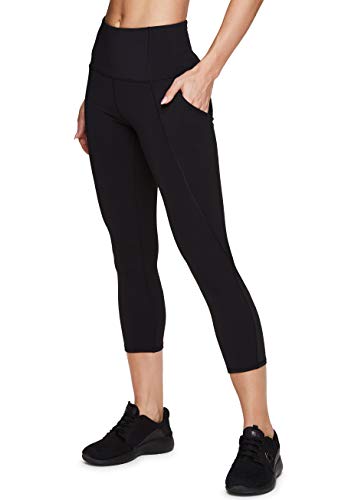 RBX Active Women's Ultra Hold High Waist Squat Proof Ventilated Laser Mesh Running Workout Yoga Capri Legging with Pockets Capri Perforated Black M