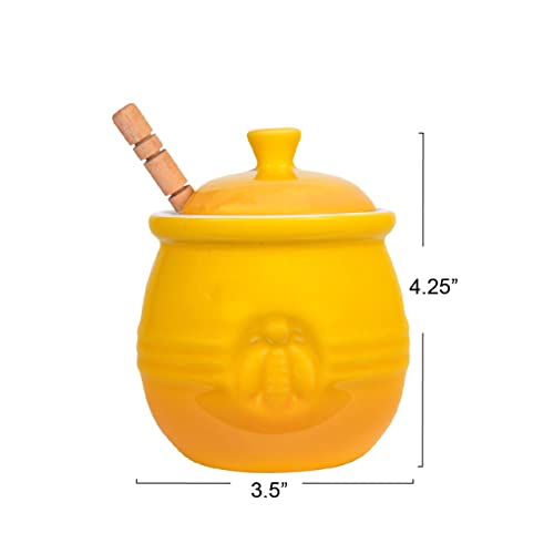Creative Co-Op Farmhouse Embossed Stoneware Honey Pot With Wood Honey Dipper, Yellow #TOP1