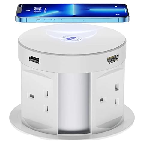 Pop Up Sockets for Kitchen Worktops, Multi Plug Extension Sockets 4 Outlets 2 USB, Automatic Pop Up Power Sockets with Wireless Charging - Worktop Hidden Socket 1RJ45 Port, 1 HDMI Port - 3250W/13A Cover