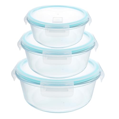 NULYLU 3個 耐熱高硼硅ガラス製ランチ容器点 密閉弁当箱 電子レンジ対応 大中小 透明ブルー 保鮮保存容器 学生 オフィス アウトドア用
