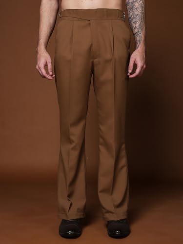 Image of Mens Beige Gurkha Pants with Classic Buckle Closure Premium Casual Bell Bottom Trousers for Men High Waist Pleated Formal & Casual Wear Pant Stylish Retro Flared Bottom Pant
