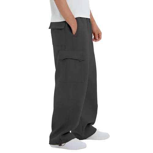 LETAOTAO Men's Heavyweight Fleece Cargo Pants, Straight Wide Leg Fleece Lined Cargo Sweatpants with Adjustable Ankle Drawstring (Black, L)