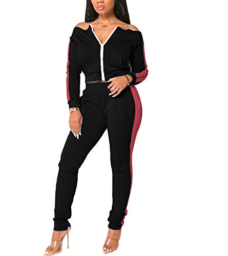 Sweat Suits for Women Set - Long Sleeve Zip up Off Shoulder Jacket and Slit Pants 2 Piece Tracksuits Black Medium