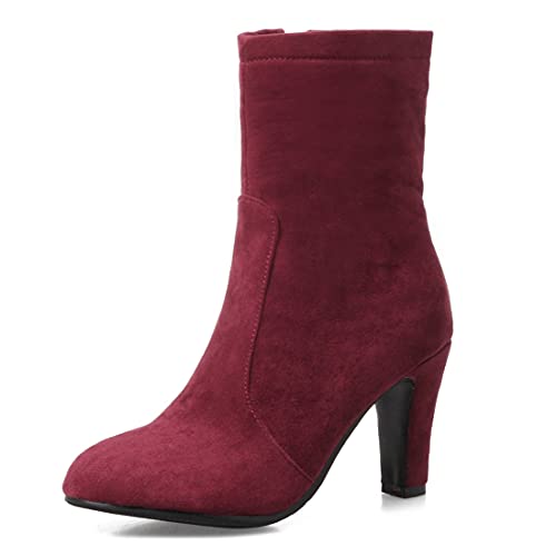 VOKLIN Women's Pointed Toe Chunky Block High Heel Dressy Ankle Boots Side Zipper Elegant Dress Short Booties