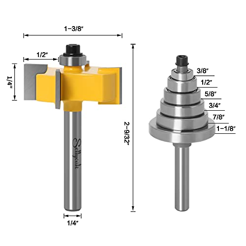 1/4 Inch Shank 4-Wing Rabbet Router Bit With 6 Bearings Set, Sellyoak Multi Rabbeting Router Bit Set For 1/4 Cutting Depth, Multiple Depths (1/8", 1/4", 5/16", 3/8", 7/16", 1/2" Adjustable Bearings) #TOP1
