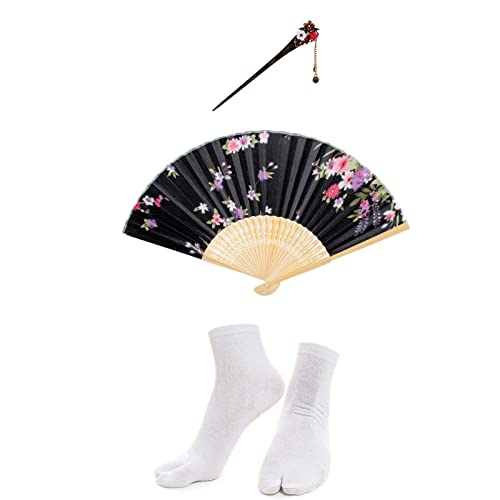 Japanese Anime Women's Dance Kimono Robe Fancy Dress Hand Held Silk Folding Fans Tabi Hairstick Socks Set