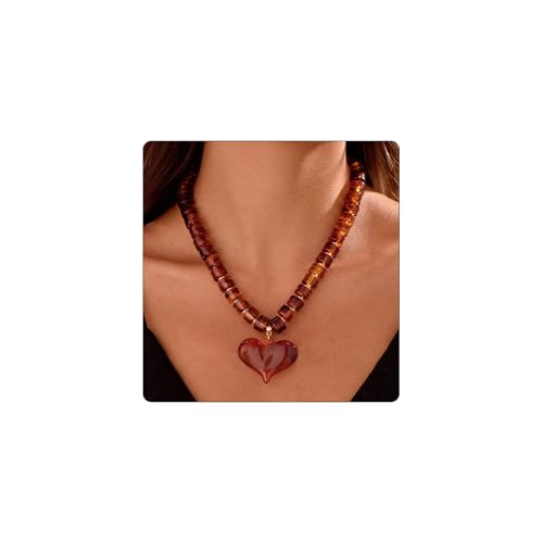 Amber Acrylic Chunky Heart Penadnt Necklace for Women Exaggerated Statement Puff Heart Choker Necklace