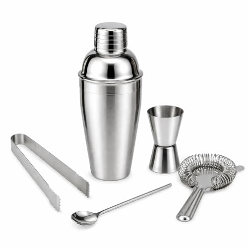 Kit Bar Coqueteleira Inox 500ml 5 Peças Completo com Dosador Pinça Coador Colher para Drinks e Caipirinha