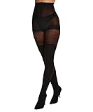 Schwarze 50-Denier-Feinstrumpfhose mit Overknee-Strümpfe-Effekt. Der untere Teil der Strumpfhose ist aus einem dickeren, gerippten Material (50 Denier). Der Teil über den Knien ist einem Material mit 30 Denier.