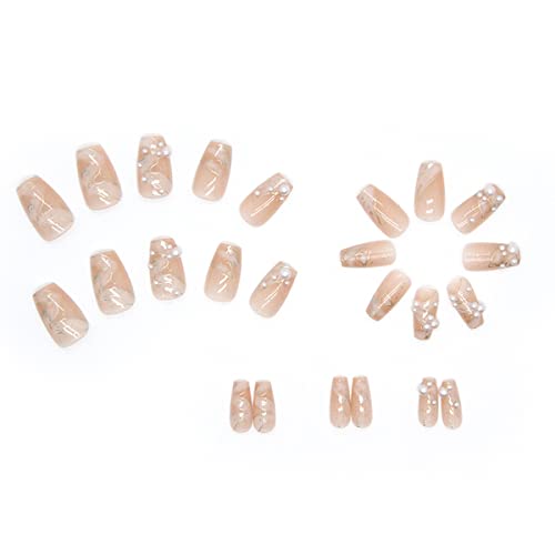 24 Pcs Coffin Press On Nails Long French Tip Fake Nails Nude Glue On Nails With Pearl Gem Design Full Cover Acrylic Nails Artificial Ballerina False Nails For Women Girls Manicure Decorations #TOP2