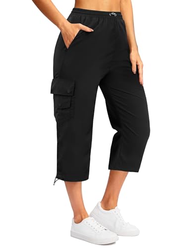 Marvmys Ladies Capris Cargo Hiking Pants Lightweight Drawstring Wide Leg Cropped Cargo Pants with Pockets Black XL
