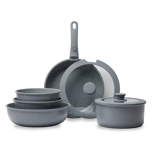 CASTEY - Batería de Cocina 8 Piezas, Modelo BAT-C8GR, Acero Inoxidable 18/10, Base de Aluminio, Recubrimiento Antiadherente Sin PFOA, Sartenes, Ollas y Cacerolas con Tapa y Mango Extraíble, Gris