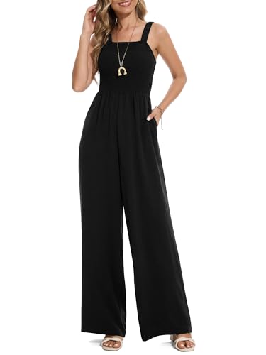 Prettyleaf Women's Petite Casual Loose Overalls Jumpsuits One Piece Sleeveless Wide Leg Pants Rompers Black, M